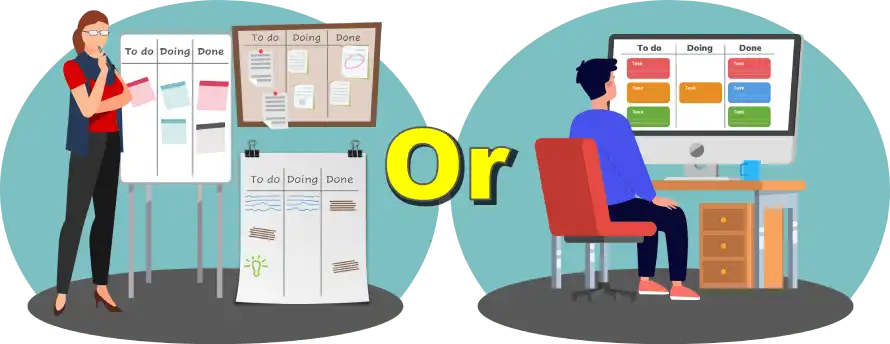 physical-and-digital-kanban-board Comparison of physical and digital Kanban boards with tasks under To Do, Doing, and Done columns.