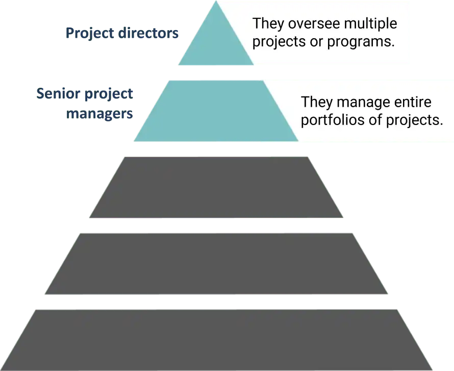 Project management senior roles Pyramid showing senior roles on top: Directors oversee projects, Senior Managers handle project portfolios.