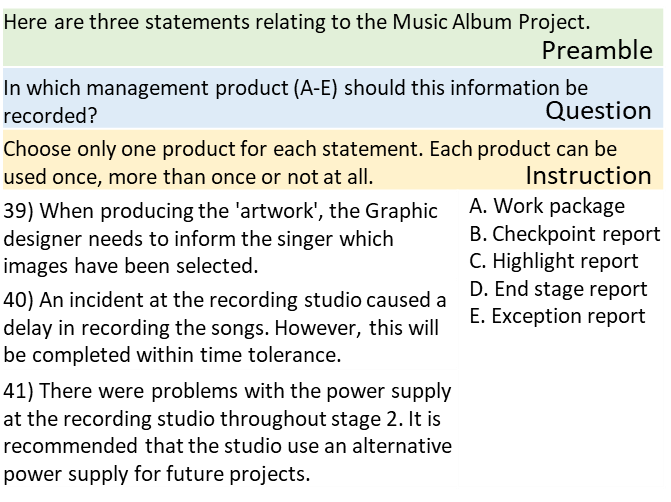 PRINCE2 Practitioner exam tip - example matching question.